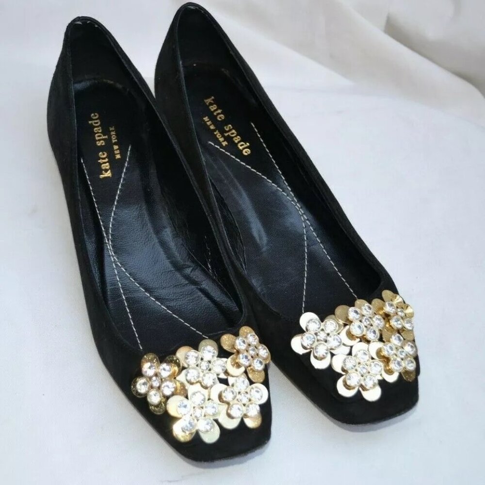 EUC KATE SPADE $399 Women Black Suede Leather Nicolina Flat Shoes sz 9